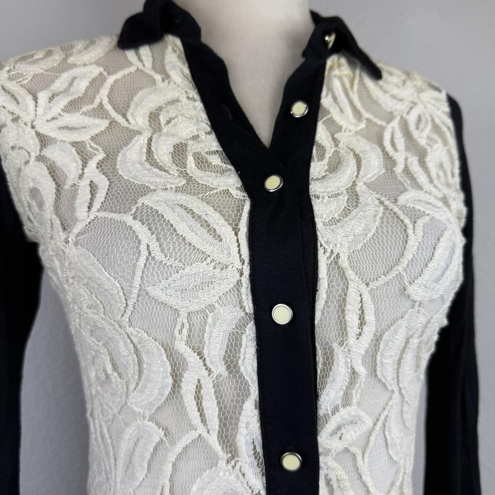 Y2K Wet Seal Semi Lace Long Sleeve Button Down Top Collared Blk/White Trendy XS - Picture 3 of 5